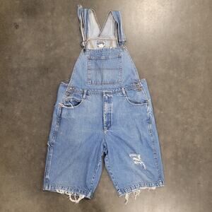 VTG Essentials Shortalls Large Blue Denim Bib Overalls Cut Off Distressed 90s